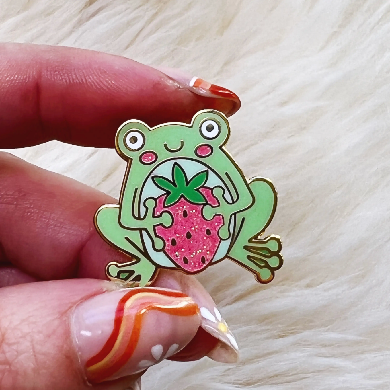 frog & strawberry enamel pin