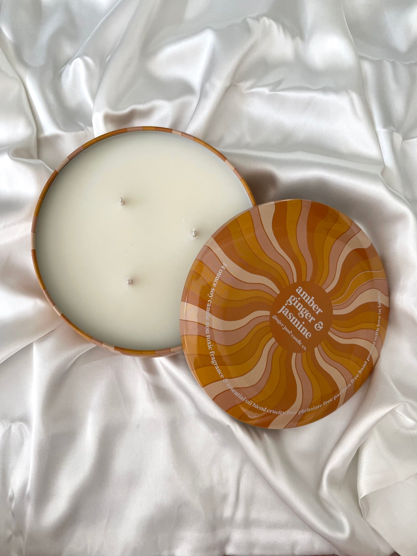 jasmine, amber, and ginger triple wick soy candle