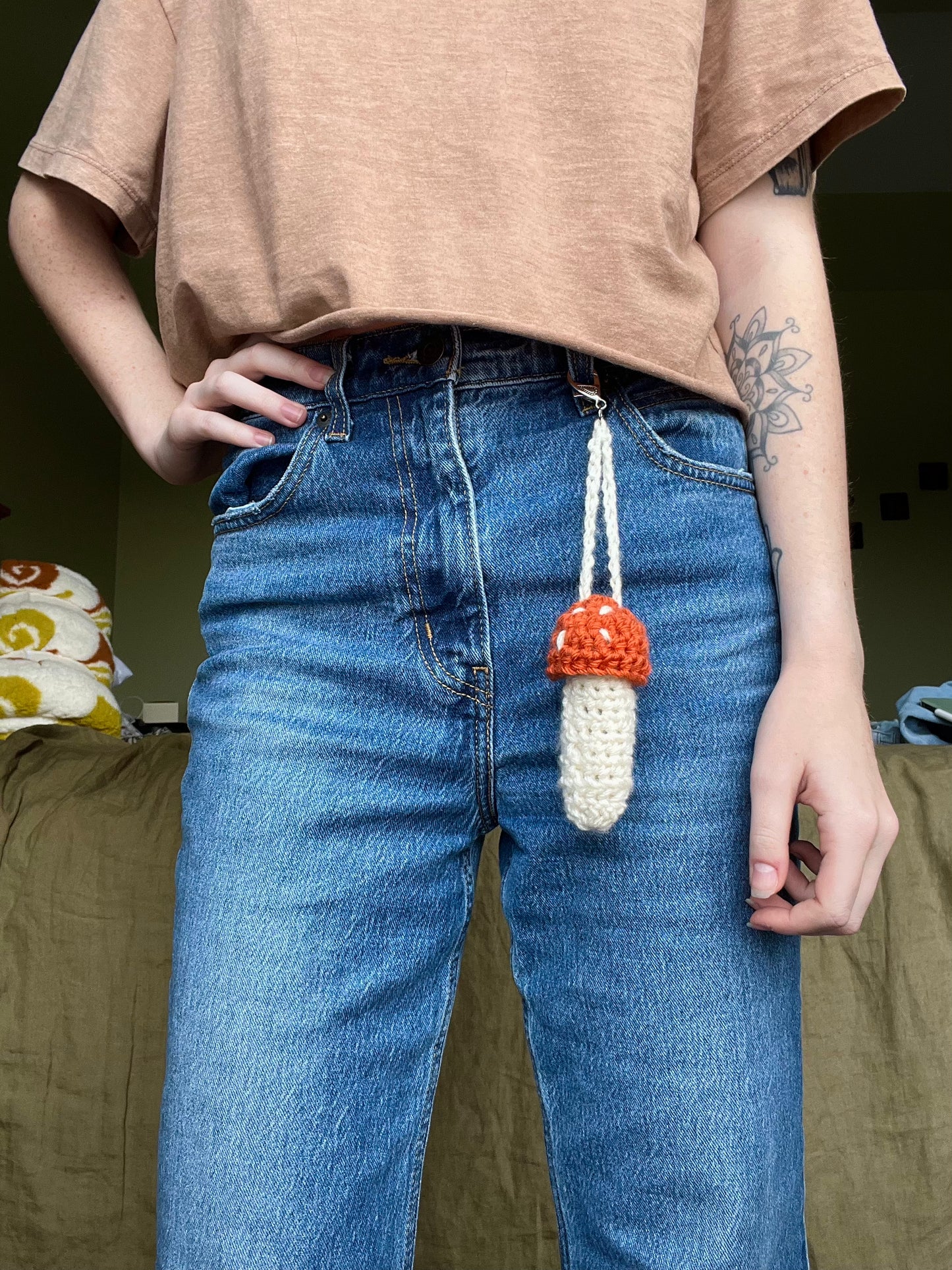 crochet mushroom holders -- lighters, chapstick, etc.