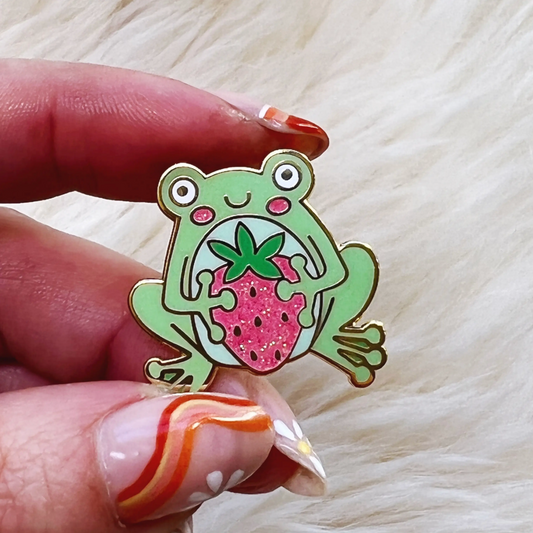 frog & strawberry enamel pin