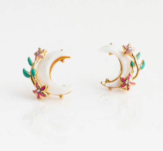 shell, moon, and flower earrings