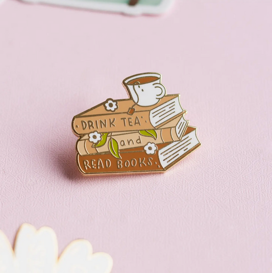 tea and books enamel pin