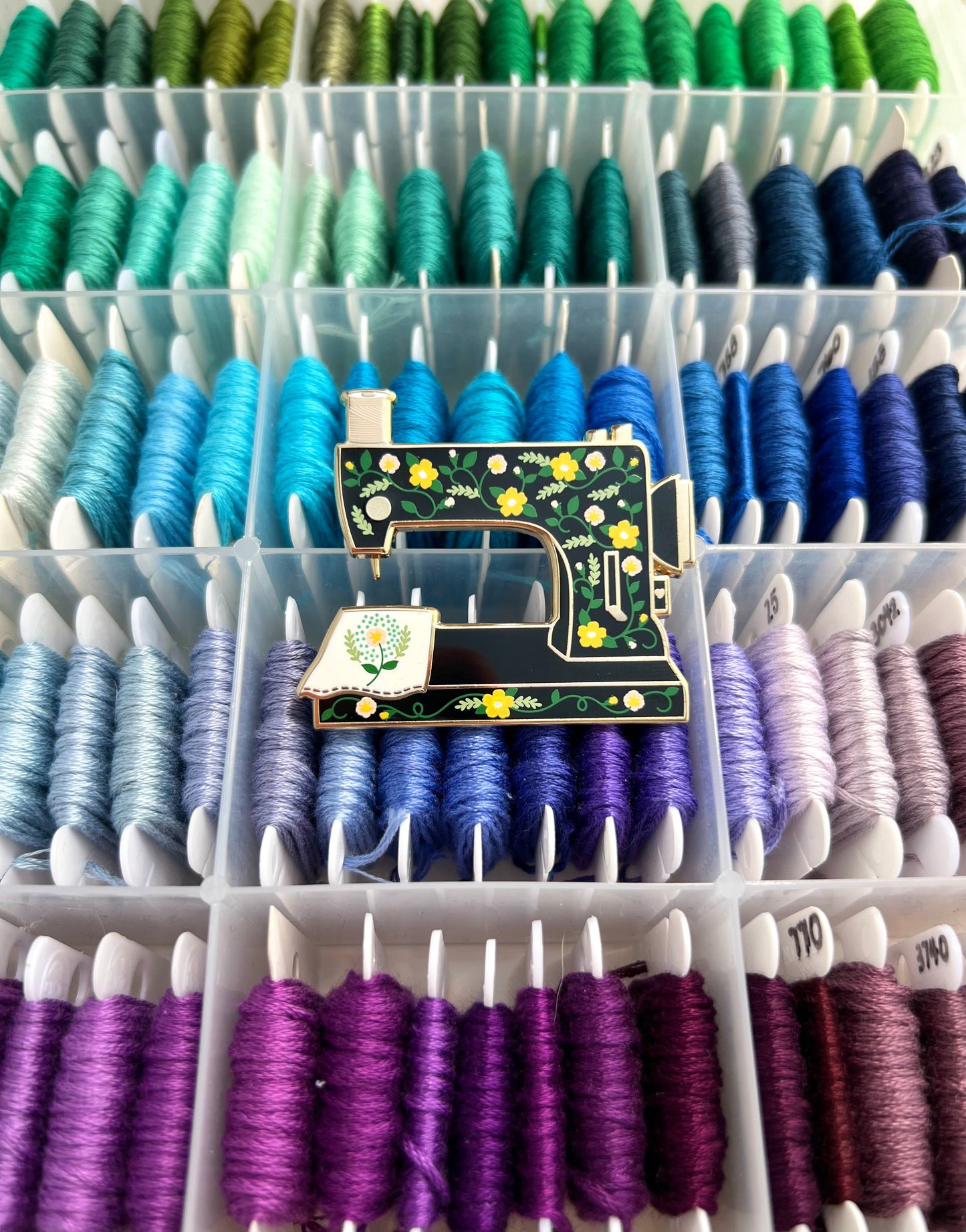 floral sewing machine interactive enamel pin