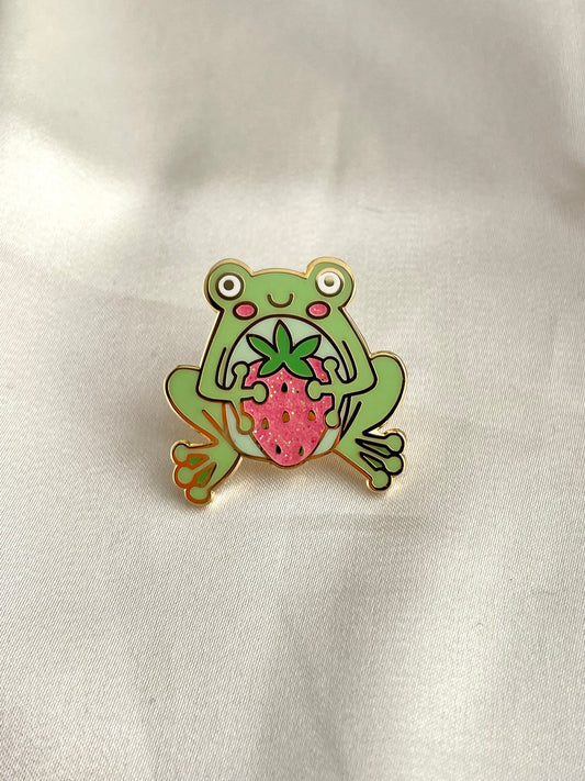 frog & strawberry enamel pin
